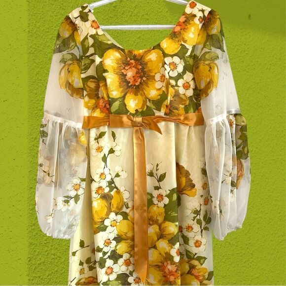 60s vintage Nu-Mode chiffon empire waist gown floral - Picture 5 of 16